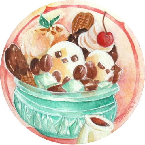 ミニ原画「シマエナガのあんみつパフェ」