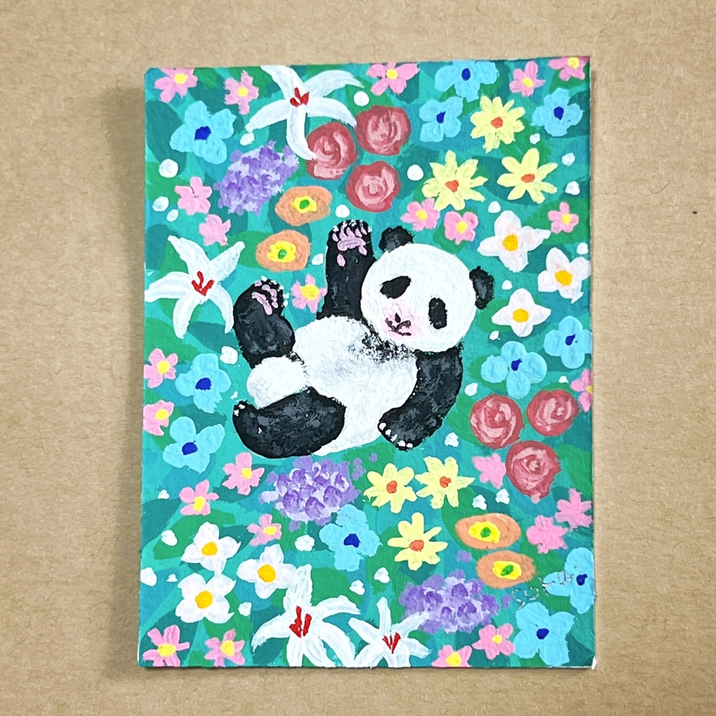 のん様専用【ミニ原画】赤ちゃんパンダとお花畑2