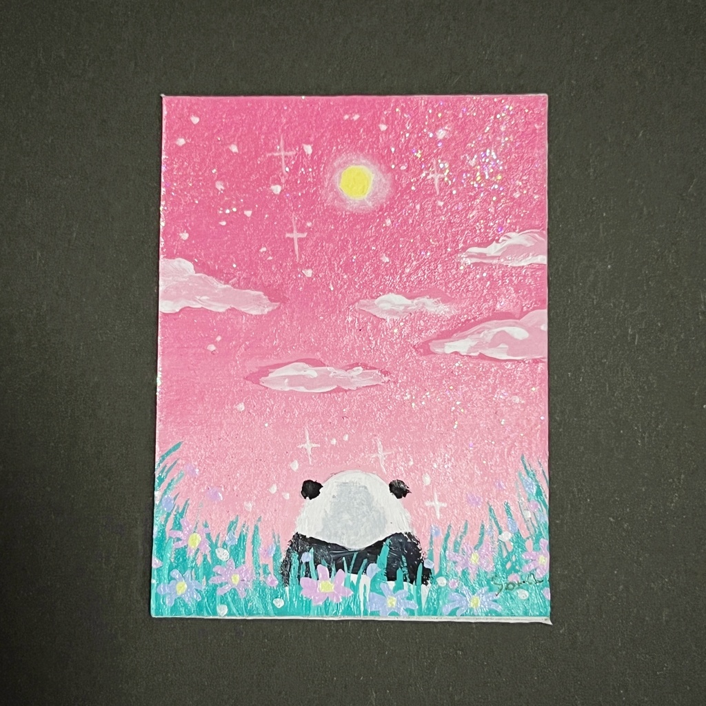 ゆうき様専用【ミニ原画】ピンクの夜空と子パンダ