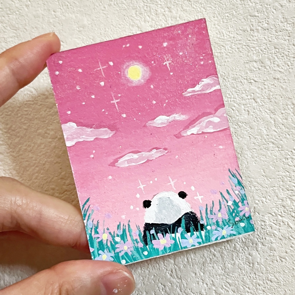 ゆうき様専用【ミニ原画】ピンクの夜空と子パンダ