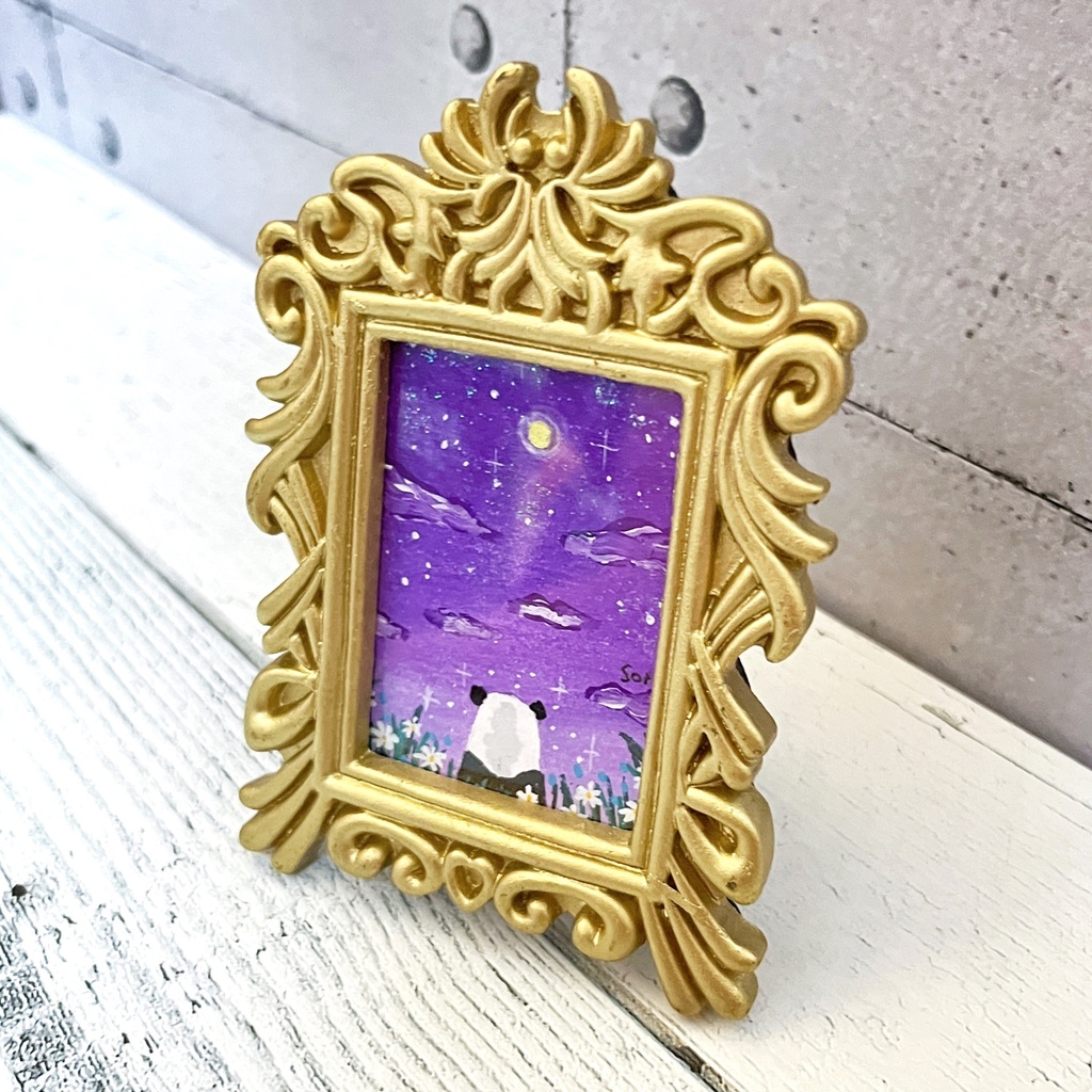 りのん様専用【ミニ原画】紫の夜空とパンダ