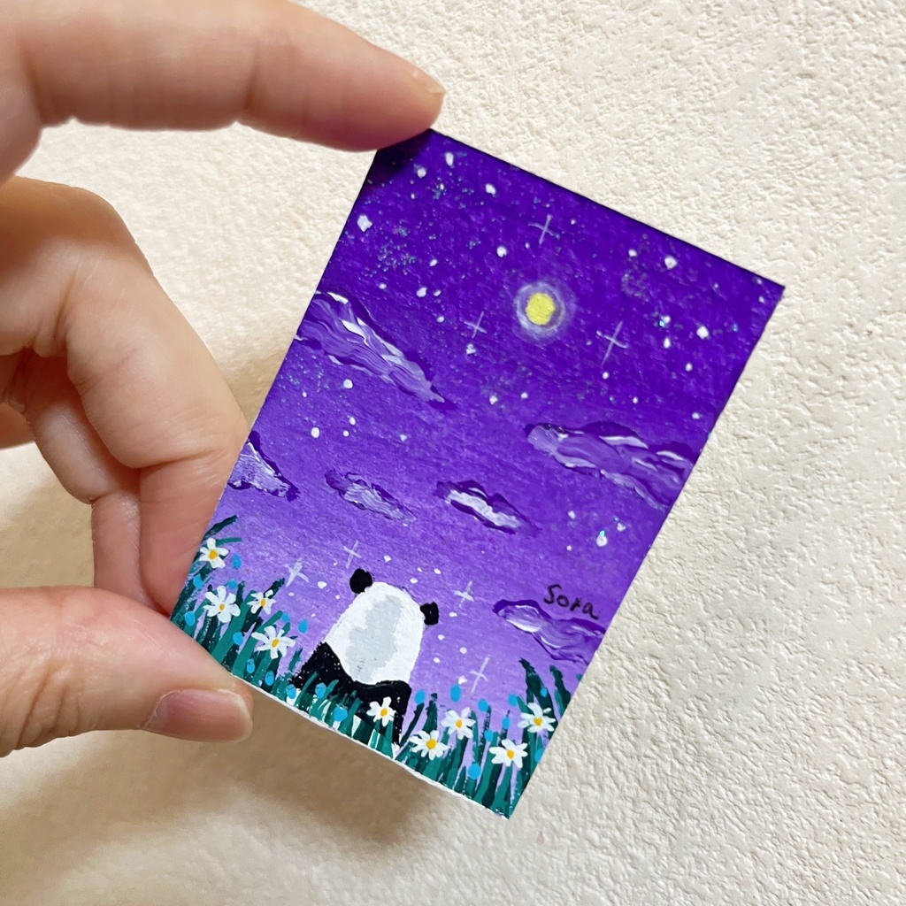 りのん様専用【ミニ原画】紫の夜空とパンダ