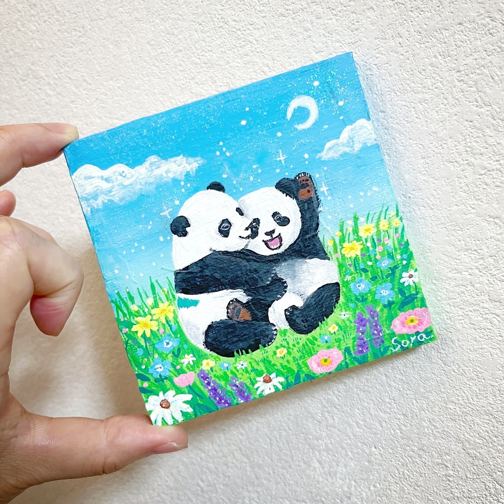 のん様専用【ミニキャンバス原画】双子子パンダとお花畑