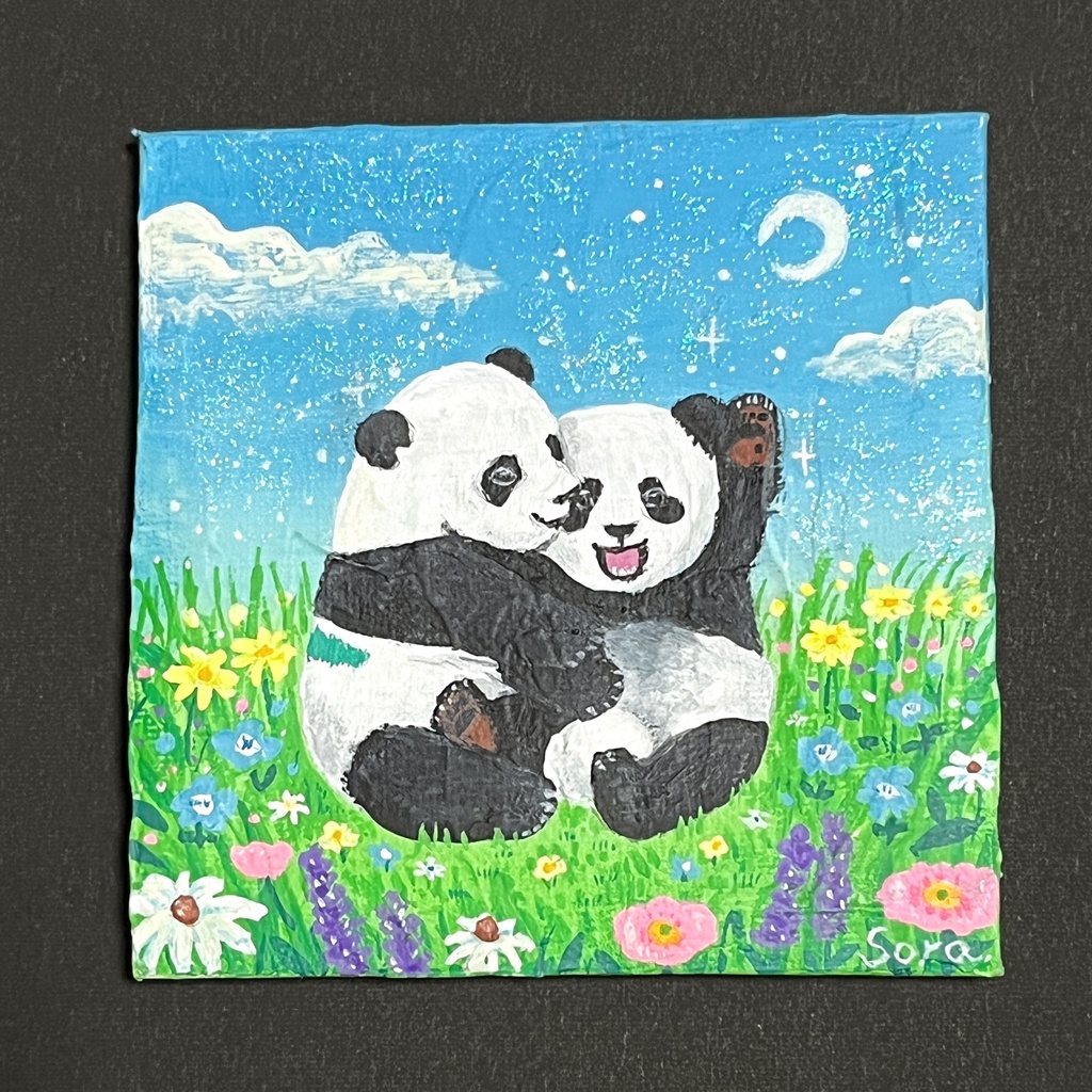 のん様専用【ミニキャンバス原画】双子子パンダとお花畑