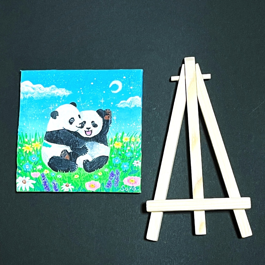 のん様専用【ミニキャンバス原画】双子子パンダとお花畑