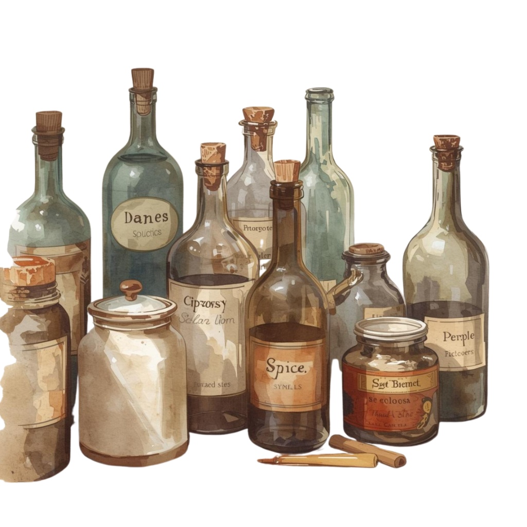 水彩のアンティークキッチン小物クリップアート(15種類・PNG)