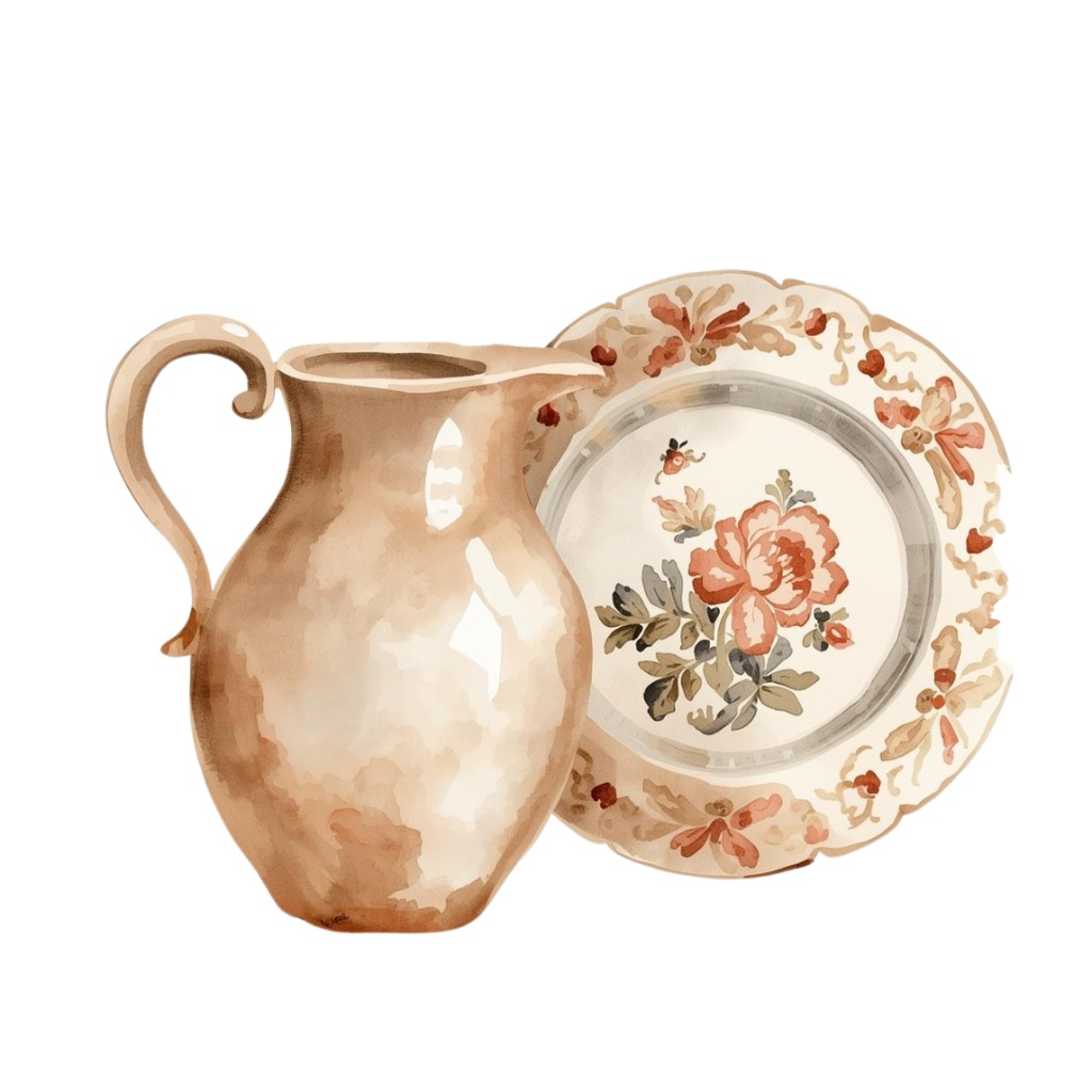 水彩のアンティークキッチン小物クリップアート(15種類・PNG)