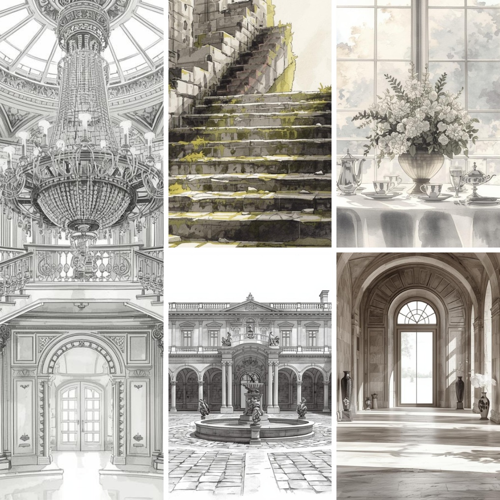 モノクロ貴族邸コレクション|中世ヨーロッパ背景クリップアート64点セット