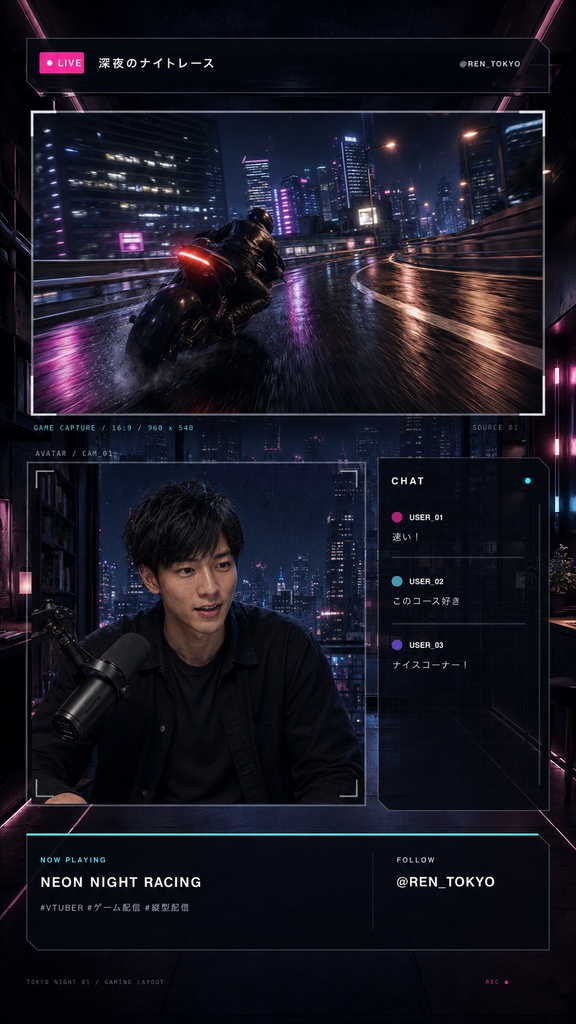 【縦型配信素材】TOKYO NIGHT 01|動くネオン背景&配信画面フルセット【VTuber・OBS/9:16】