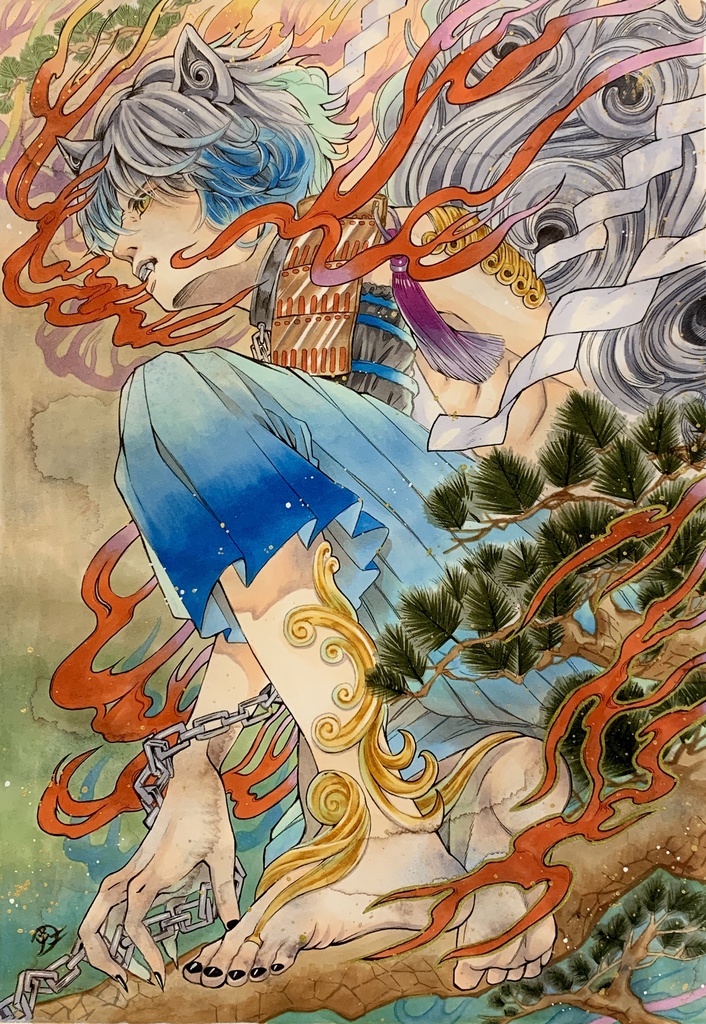 額装原画「社ノ眷属・狛犬」