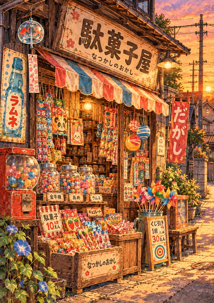 昭和レトロ駄菓子屋|デザインペーパー6柄セット A4・高解像度【ダウンロード販売】