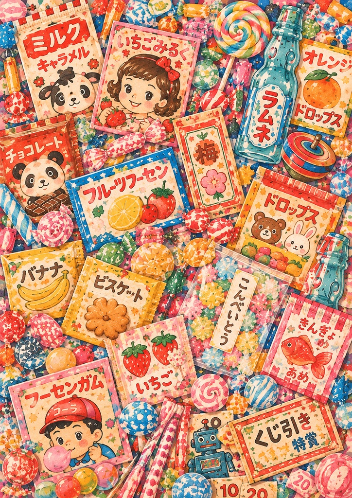 昭和レトロ駄菓子屋|デザインペーパー6柄セット A4・高解像度【ダウンロード販売】