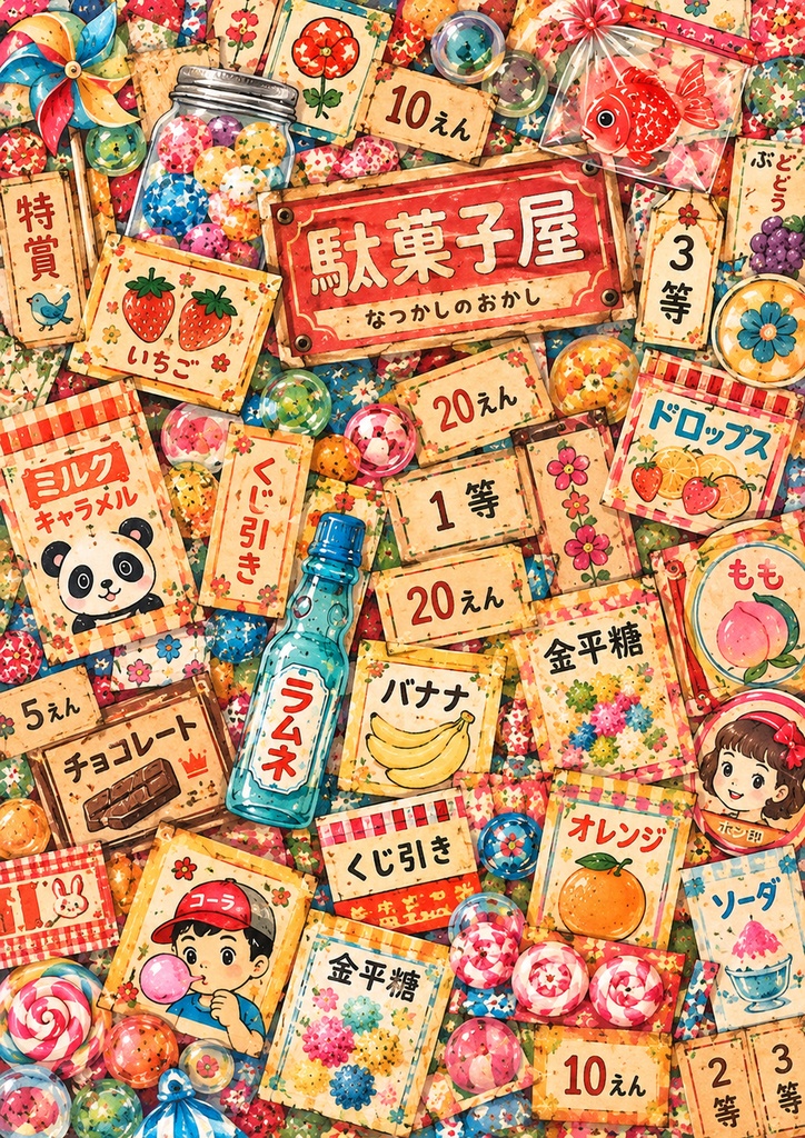 昭和レトロ駄菓子屋|デザインペーパー6柄セット A4・高解像度【ダウンロード販売】