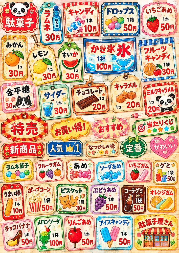 昭和レトロ駄菓子屋|デザインペーパー6柄セット A4・高解像度【ダウンロード販売】