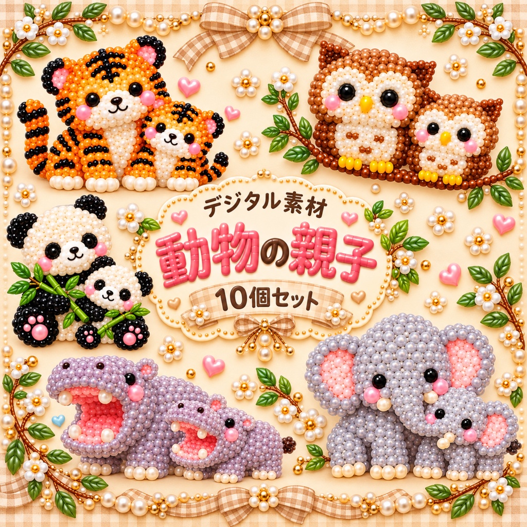 かわいい動物の親子素材10個セット｜無料版3個あり　動物　動物園　イベント　Canva　デジタル素材　デザイン　イラスト　親子　SNS素材　幼稚園デザイン