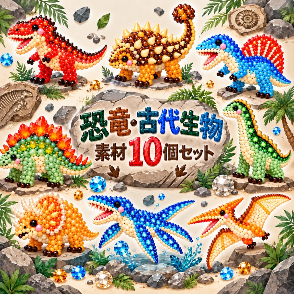 かわいい恐竜・古代生物の素材１０個セット【無料版3個あり】　恐竜　古代生物　デジタル素材　SNS素材　Canva　イラスト　デザイン　イベント