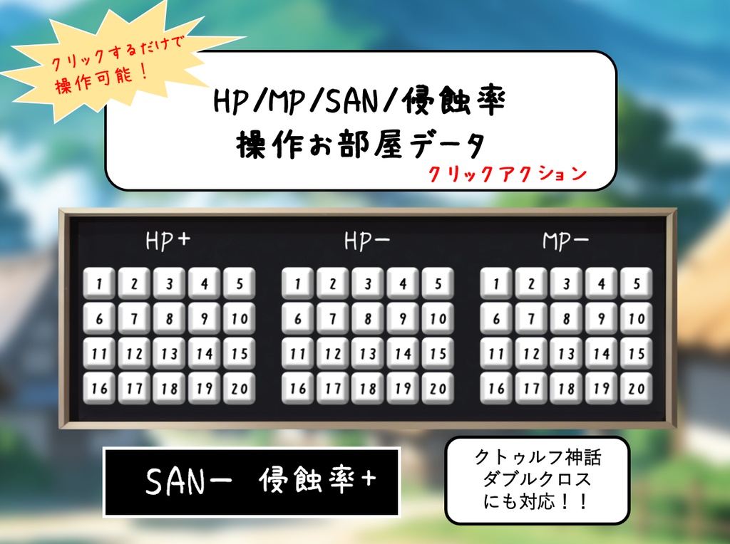 【無料/投げ銭】HP/MP/SAN/侵蝕率/ワンタッチで操作可能！！お部屋素材(ココフォリア)