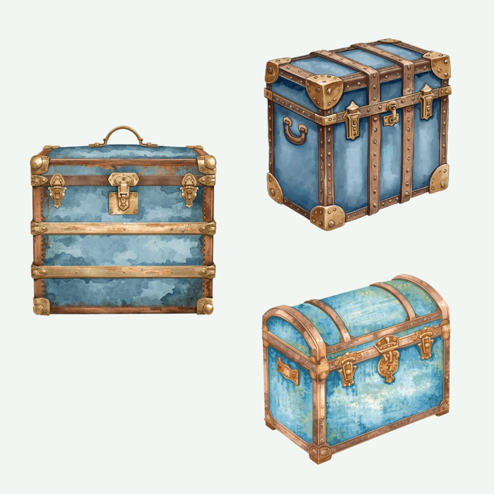 青基調の水彩アンティーク旅行クリップアート20点セット|可愛いトラベル素材|PNGダウンロード