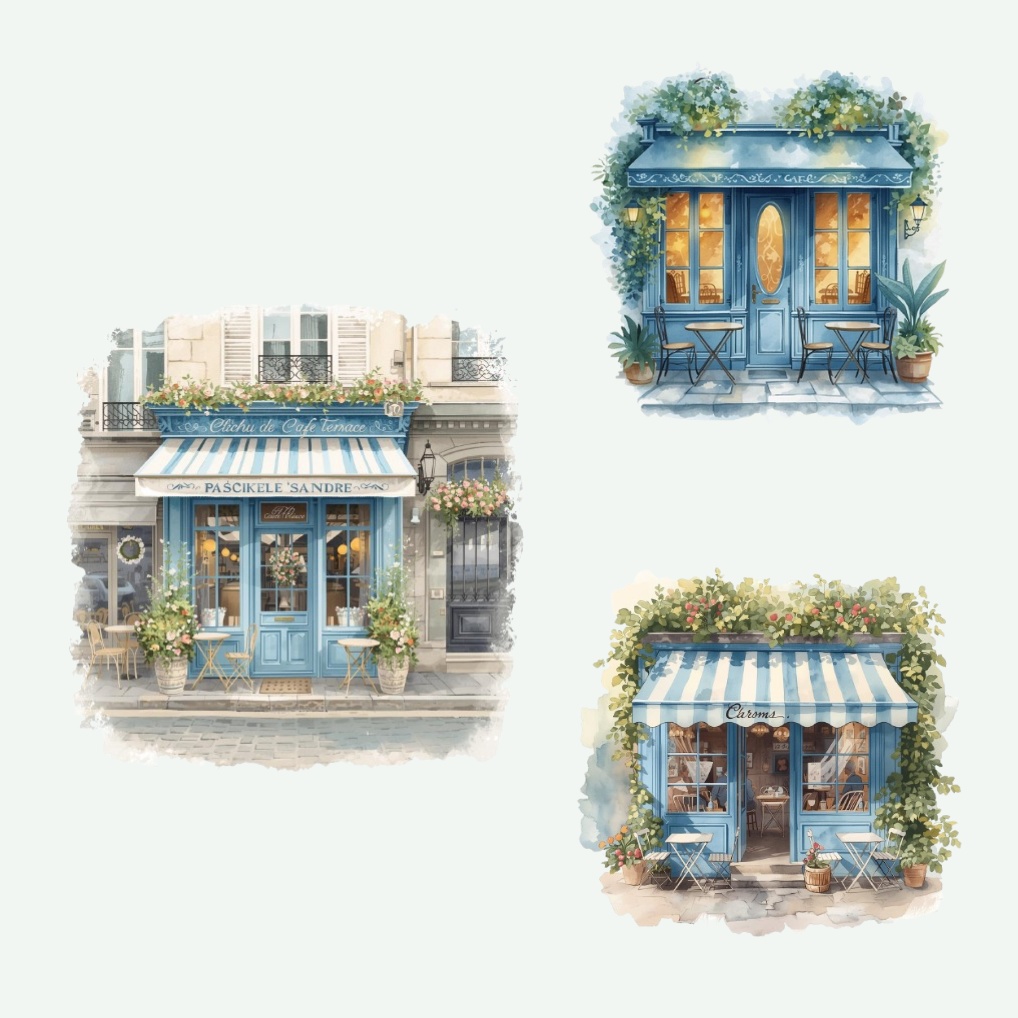 青基調の水彩アンティーク旅行クリップアート20点セット|可愛いトラベル素材|PNGダウンロード