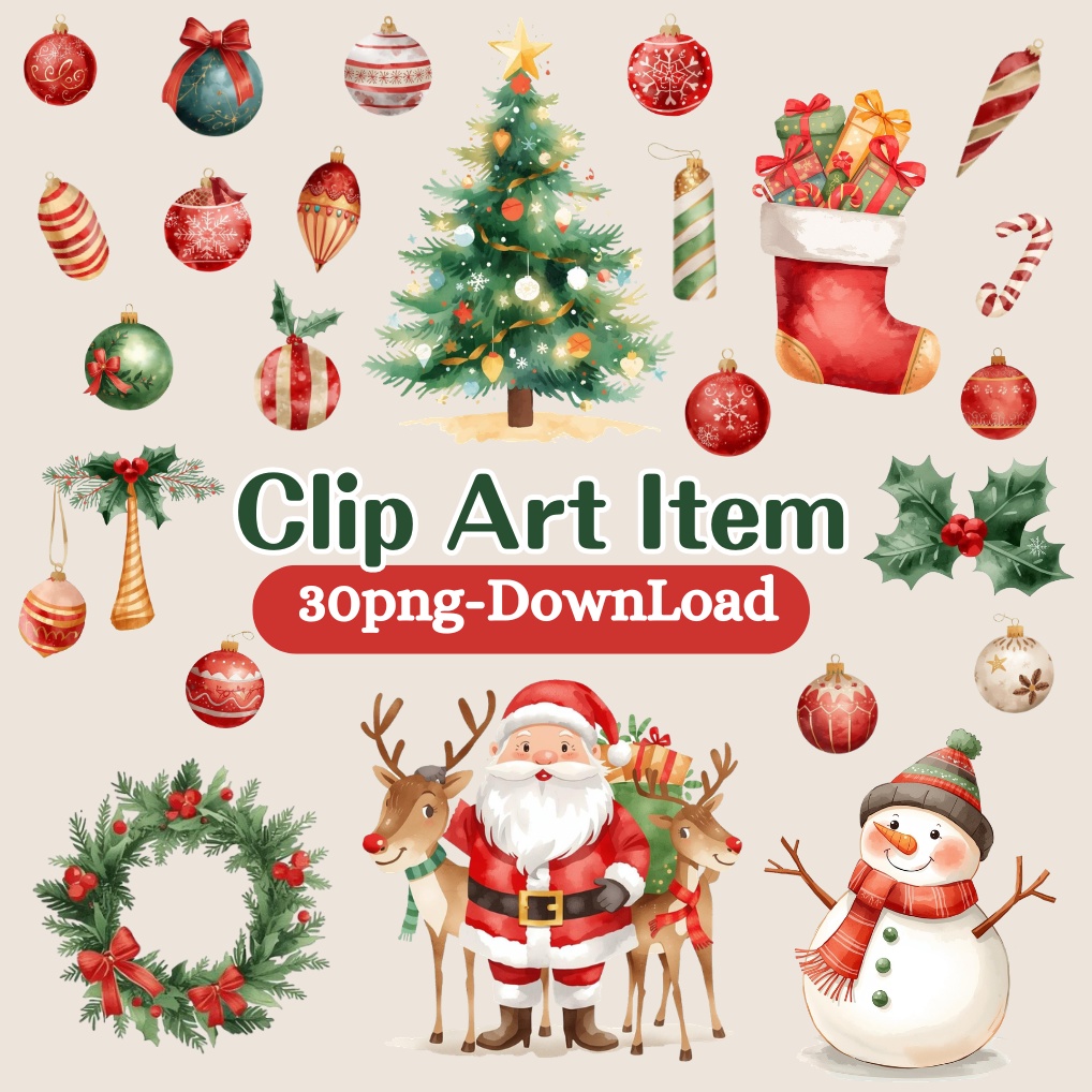 ほっこり可愛い水彩クリスマスデザイン素材30点セット|SNSに|商用利用OK