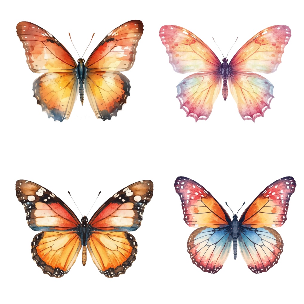 鮮やか水彩画風蝶と野花のクリップアートセット|デザイン素材集
