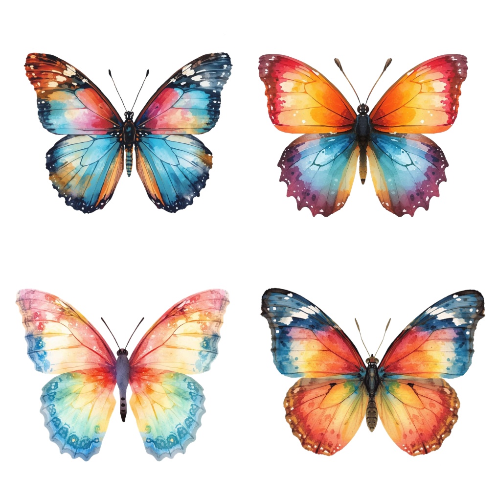 鮮やか水彩画風蝶と野花のクリップアートセット|デザイン素材集