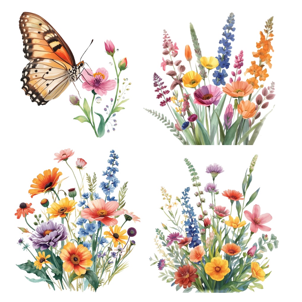 鮮やか水彩画風蝶と野花のクリップアートセット|デザイン素材集