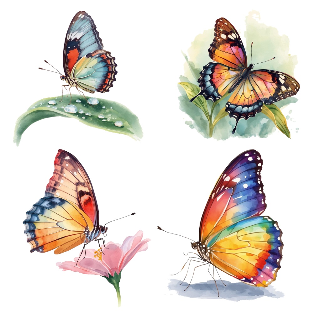 鮮やか水彩画風蝶と野花のクリップアートセット|デザイン素材集