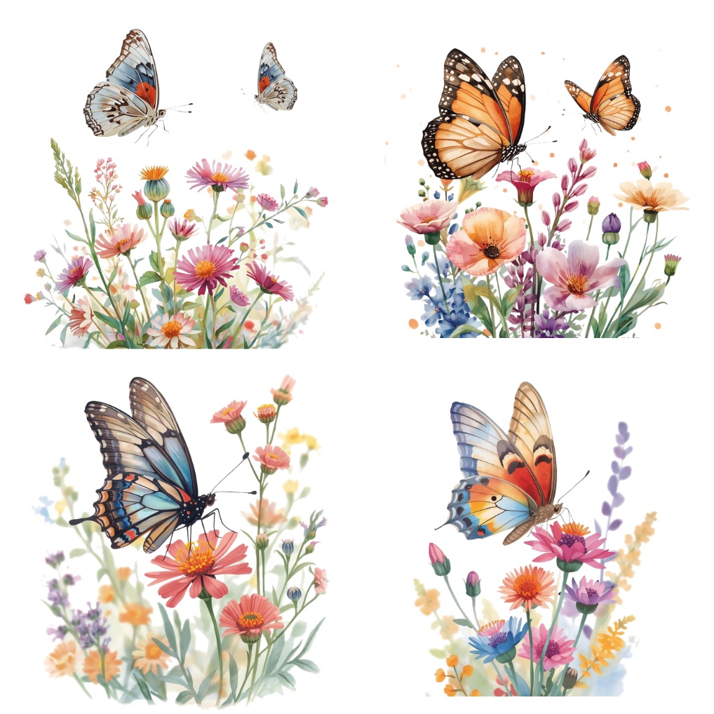 鮮やか水彩画風蝶と野花のクリップアートセット|デザイン素材集