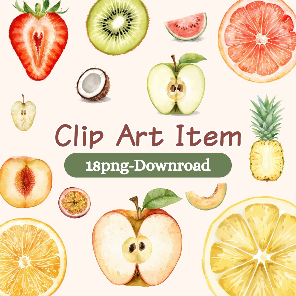 ふんわり水彩タッチのカット果物素材集18種｜ナチュラル可愛いフルーツ