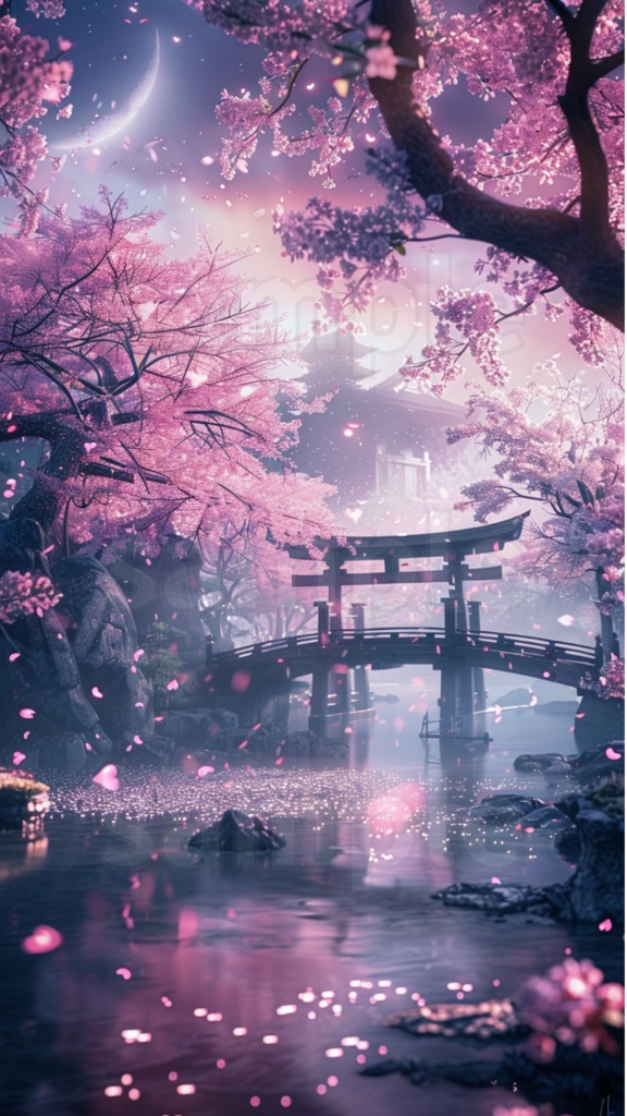  月と鳥居、橋が織りなす幻想桜夜景 – スマホ壁紙【DL版】