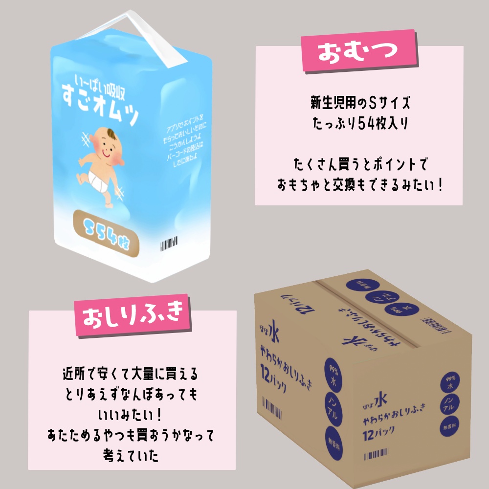 VRchat向け3Dモデル 赤ちゃんお迎えセット 小物6点(お尻ふき/オムツ箱/ベビーカー/授乳クッション/カバン/高級バック)
