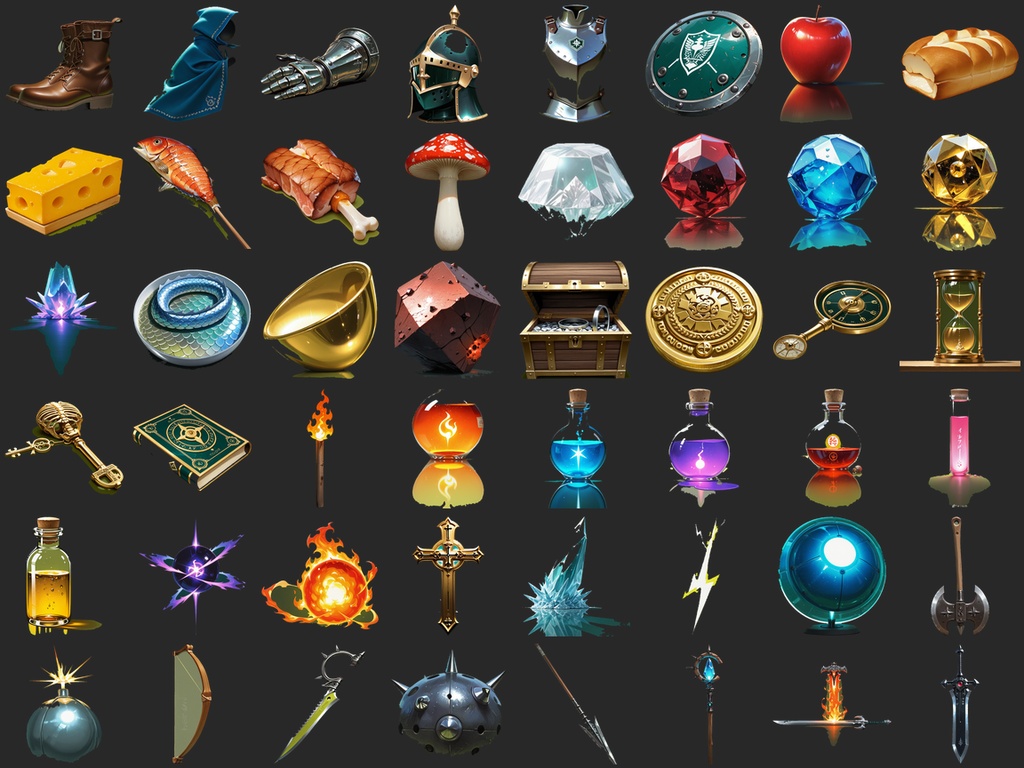 【アイコン素材】RPGアイテム&スキル48個セット(透過PNG・インベントリ/UI用・商用利用可)