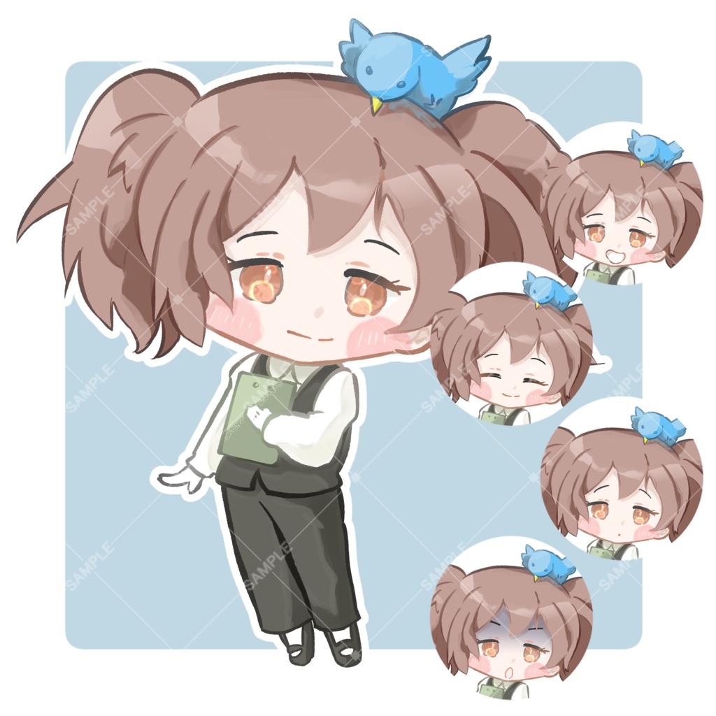 TRPG立ち絵素材_ツインテール_少女と青い鳥【表情12種+SDキャラ表情5種】🌟無料版あり