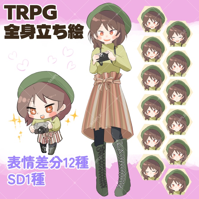 TRPG立ち絵素材_カメラ女子【表情12種+SDキャラ表情1種】🌟無料版あり
