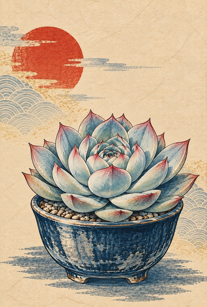 浮世絵風 多肉植物と和の鉢 はがきセット6枚|印刷用データ