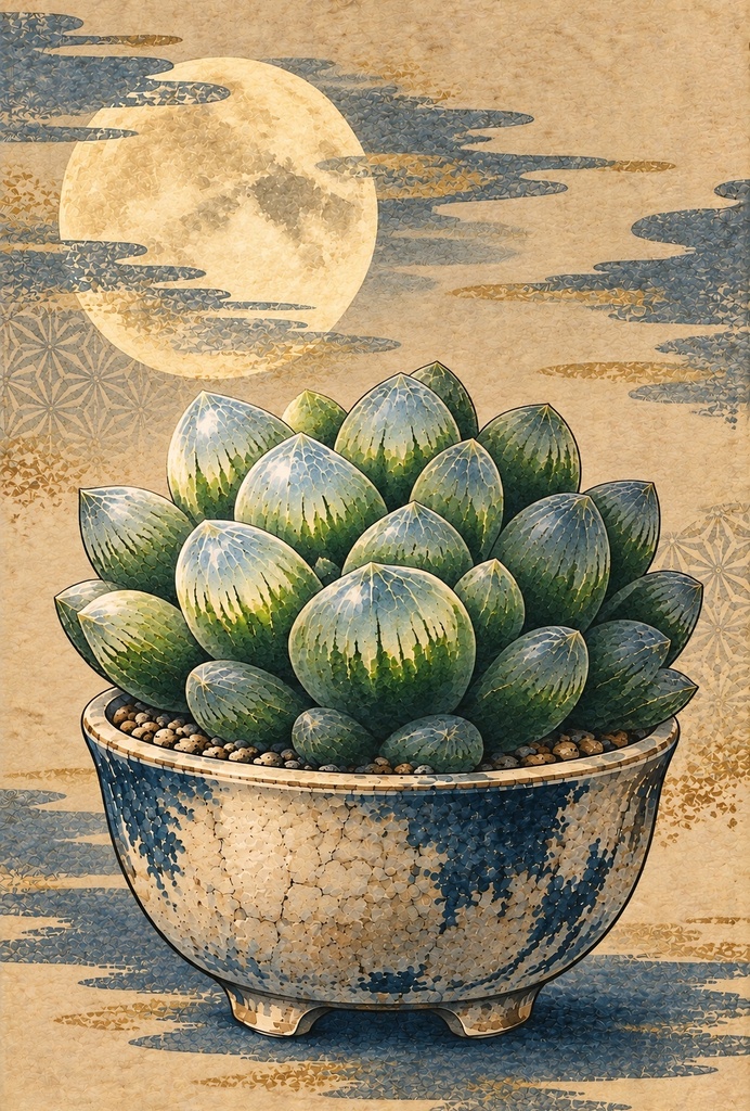 浮世絵風 多肉植物と和の鉢 はがきセット6枚|印刷用データ