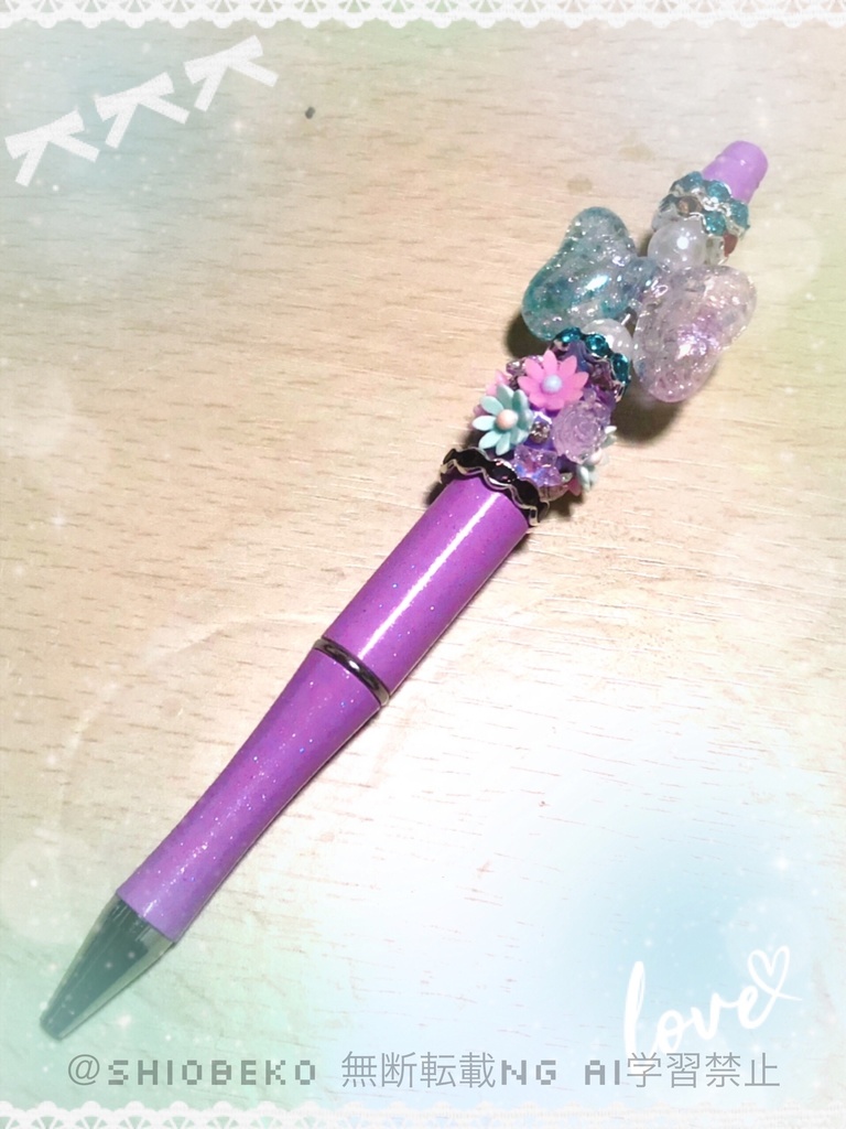 ハンドメイド カスタムボールペン リボン×パープル＆ブルー