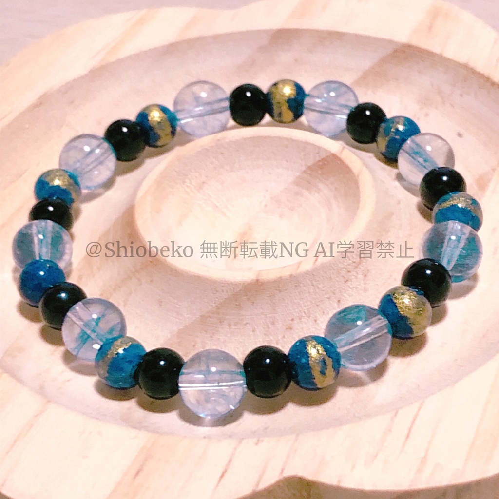  ブルーゴールドシルクジャスパー×オニキス クラック水晶ブレスレット