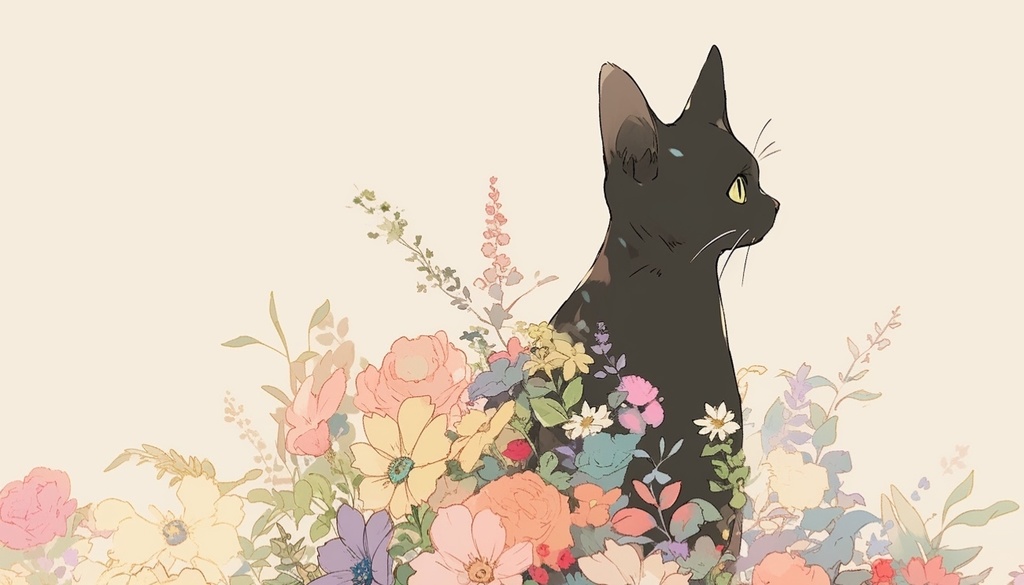 くろ猫と花