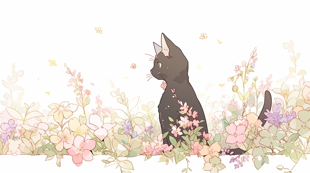 くろ猫と花