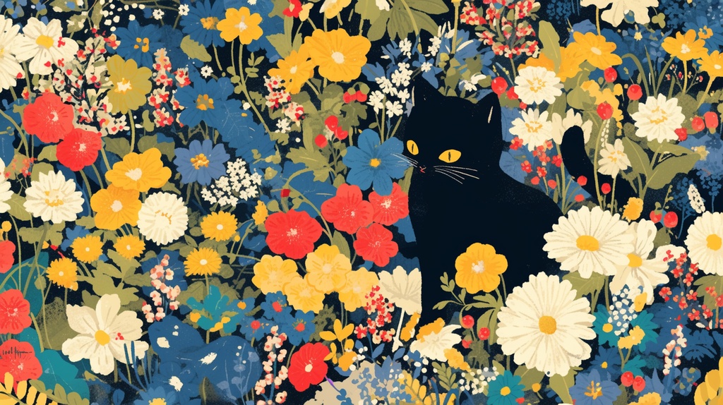 くろ猫お花色とりどり