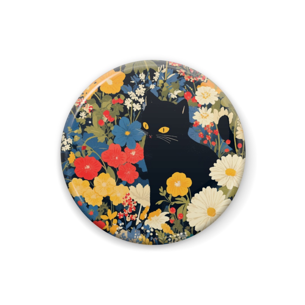 くろ猫お花色とりどり　缶バッジ
