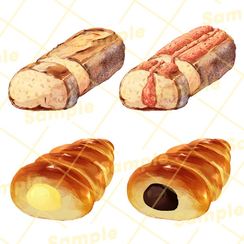 筆のタッチが残る手描きパン_イラスト素材_20枚