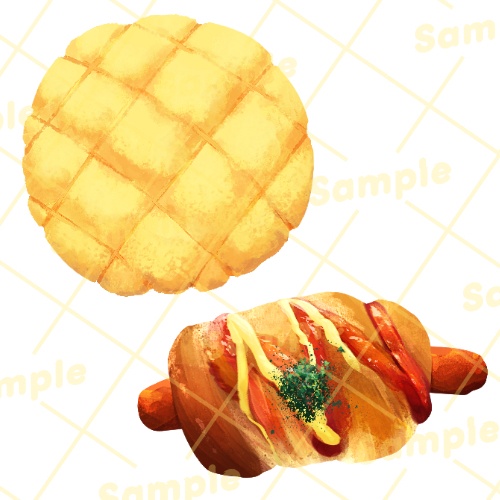 筆のタッチが残る手描きパン_イラスト素材_20枚