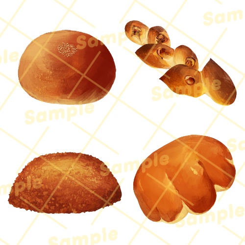 筆のタッチが残る手描きパン_イラスト素材_20枚