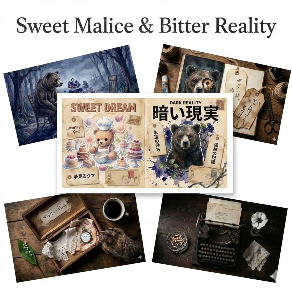 【ジャンクジャーナル素材】甘い悪意と苦い現実の境界線（Sweet Malice & Bitter Reality）／テディベアと毒菓子