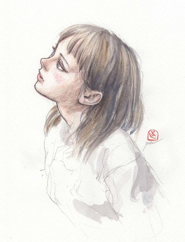 絵画「観月」のためのスケッチ 鉛筆水彩画直筆素描 オリジナル1点