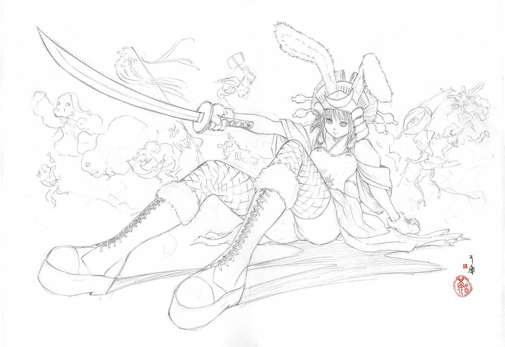 メディチ家でのライブペイント「兎兜」のためのスケッチ 鉛筆線画直筆素描 オリジナル1点