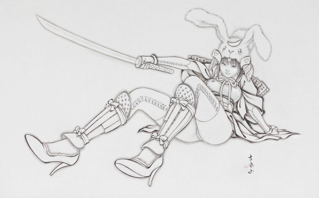 メディチ家でのライブペイント「兎兜」のためのスケッチ 鉛筆線画直筆素描 オリジナル1点